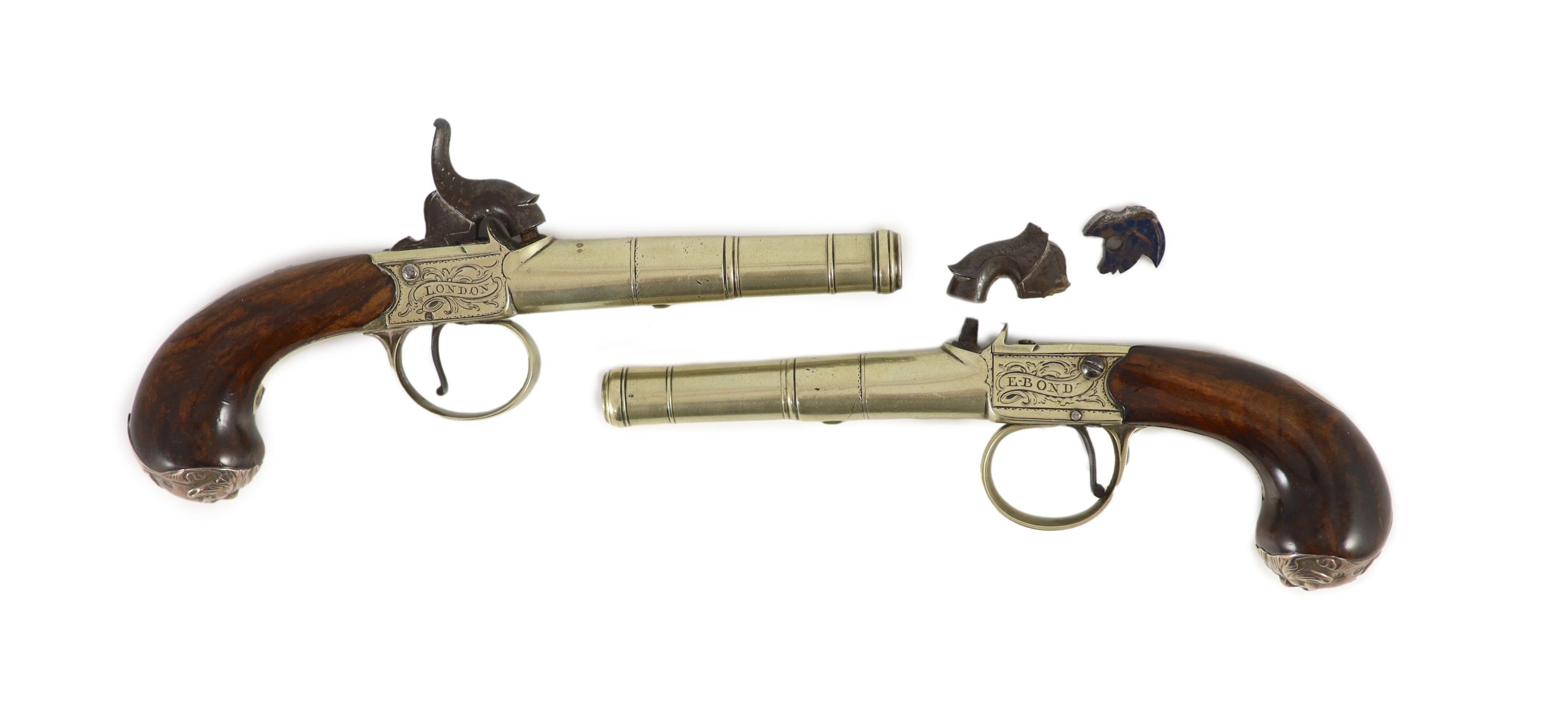 A pair of E.Bond of London boxlock pistols 18.5cm.